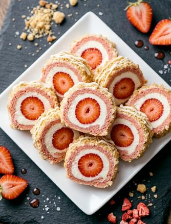 Strawberry shortcake cheesecake dessert sushi rolls sliced and arranged on a white plate with white chocolate drizzle and shortcake crumble topping