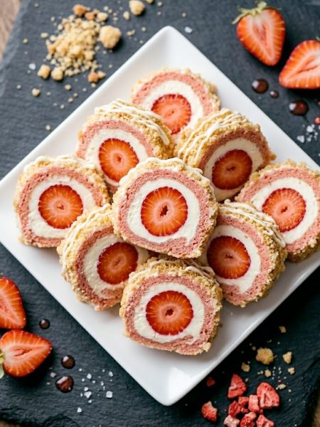 Strawberry shortcake cheesecake dessert sushi rolls sliced and arranged on a white plate with white chocolate drizzle and shortcake crumble topping