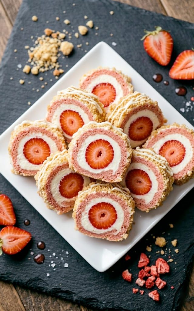 Strawberry shortcake cheesecake dessert sushi rolls sliced and arranged on a white plate with white chocolate drizzle and shortcake crumble topping