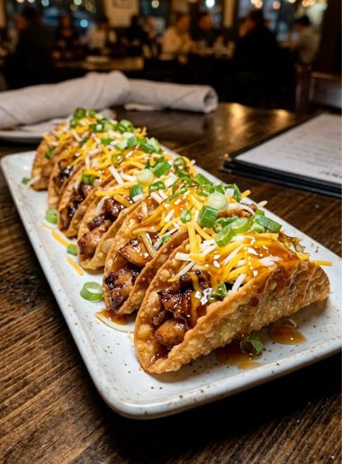 A plate of crispy chicken wonton tacos drizzled with sweet chili sauce, topped with shredded cheese and sliced green onions, served on a white platter