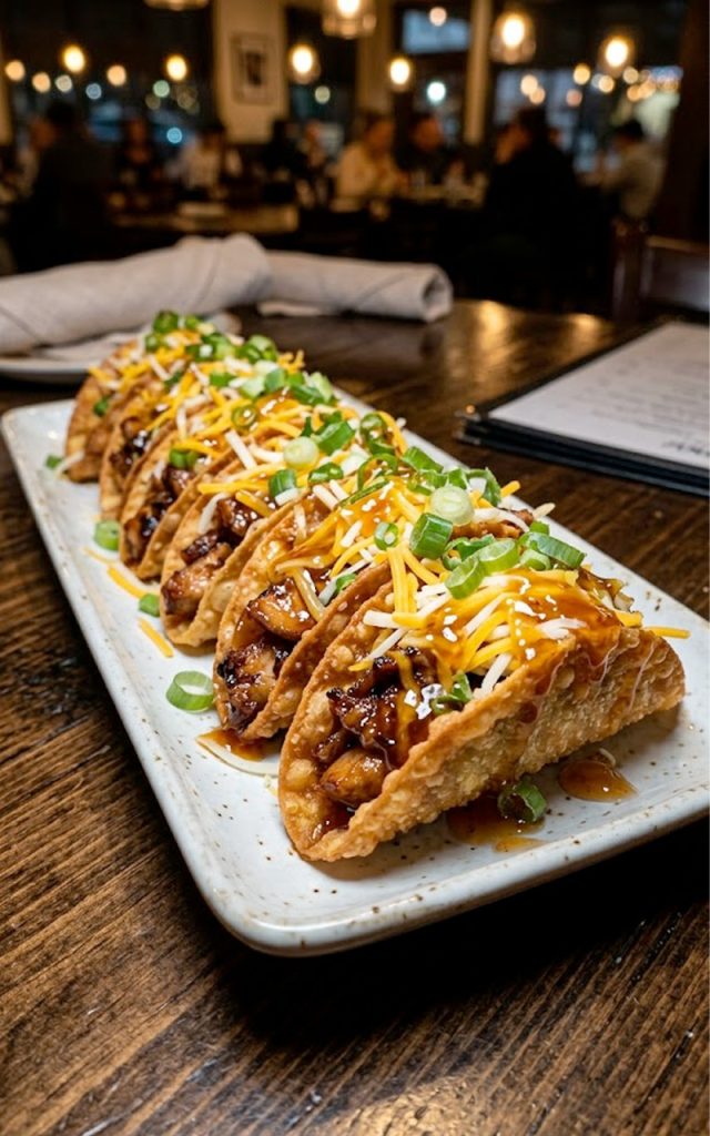 A plate of crispy chicken wonton tacos drizzled with sweet chili sauce, topped with shredded cheese and sliced green onions, served on a white platter