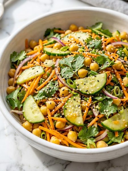 A close-up of a vibrant Asian cucumber and chickpea slaw with sliced cucumbers, shredded carrots, chickpeas, red onion, fresh cilantro, and sesame seeds tossed in a bold sesame ginger dressing served in a large white bowl on a marble surface