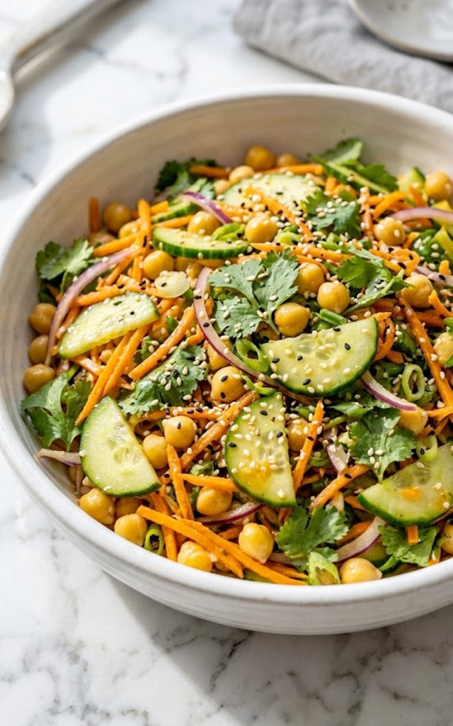 A close-up of a vibrant Asian cucumber and chickpea slaw with sliced cucumbers, shredded carrots, chickpeas, red onion, fresh cilantro, and sesame seeds tossed in a bold sesame ginger dressing served in a large white bowl on a marble surface
