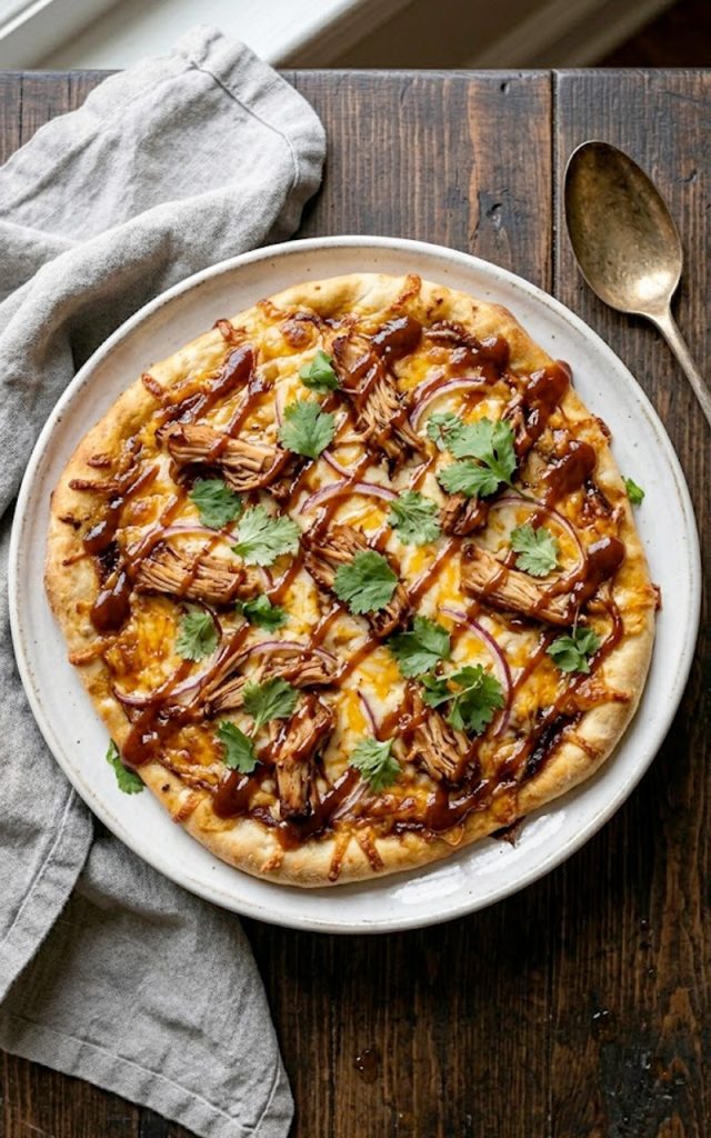 BBQ chicken flatbread pizza topped with shredded chicken melted mozzarella and cheddar cheese red onion slices drizzled BBQ sauce and fresh cilantro on a white plate