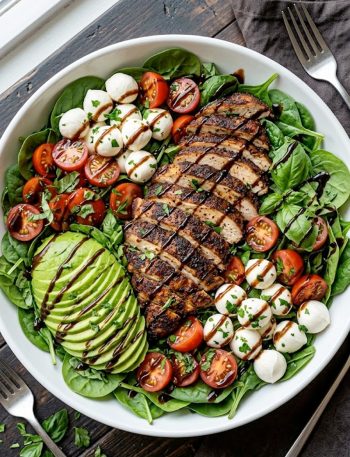 A large white ceramic bowl filled with fresh baby spinach topped with sliced smoky baked marinated chicken fresh mozzarella balls halved cherry tomatoes sliced avocado fresh basil and a generous drizzle of balsamic vinaigrette