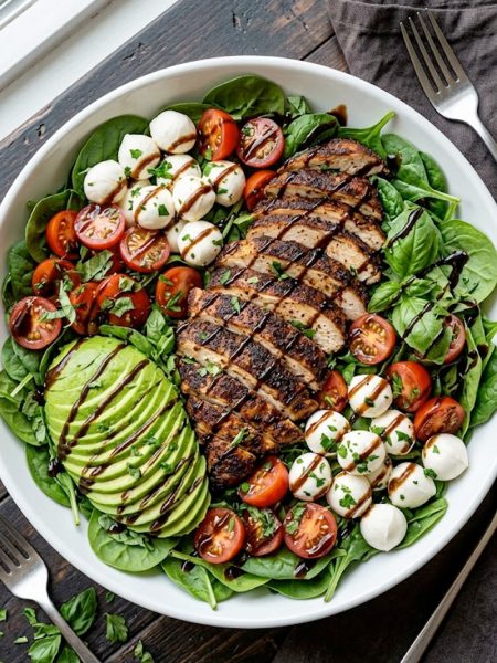A large white ceramic bowl filled with fresh baby spinach topped with sliced smoky baked marinated chicken fresh mozzarella balls halved cherry tomatoes sliced avocado fresh basil and a generous drizzle of balsamic vinaigrette