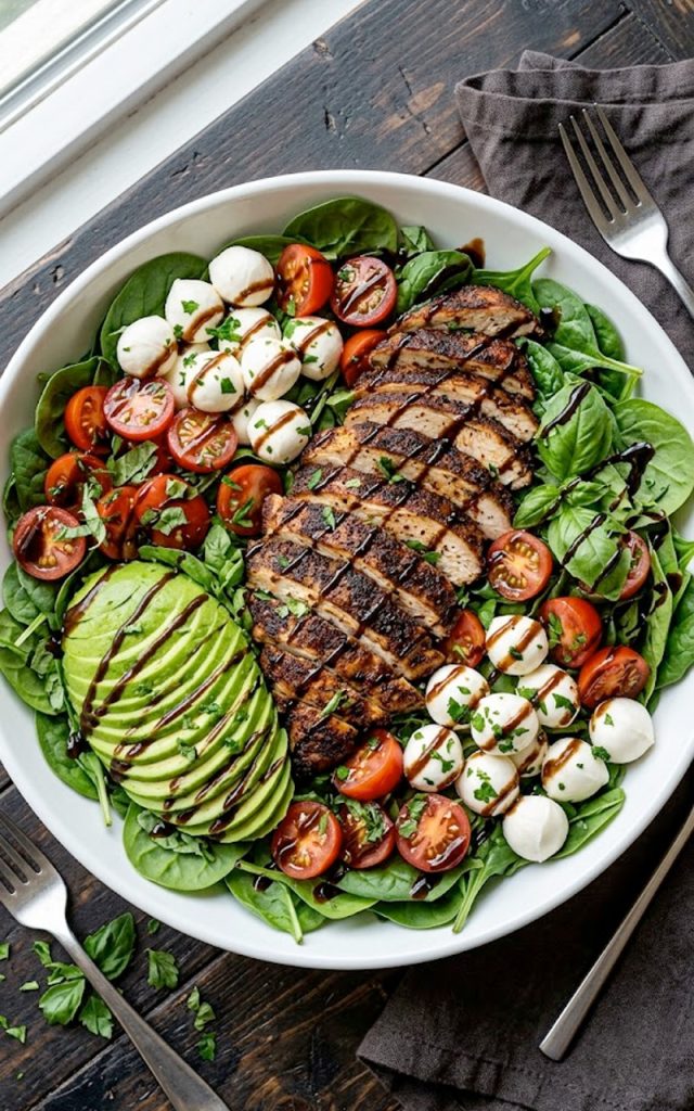 A large white ceramic bowl filled with fresh baby spinach topped with sliced smoky baked marinated chicken fresh mozzarella balls halved cherry tomatoes sliced avocado fresh basil and a generous drizzle of balsamic vinaigrette