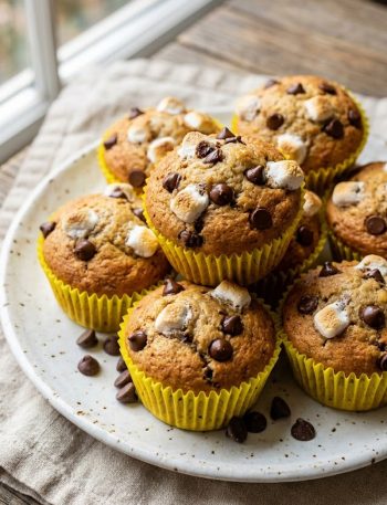 A batch of freshly baked banana s'mores muffins in yellow paper liners topped with melted chocolate chips and toasted mini marshmallows on a white plate