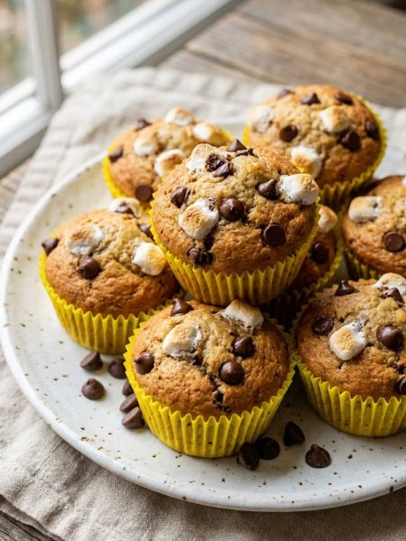 A batch of freshly baked banana s'mores muffins in yellow paper liners topped with melted chocolate chips and toasted mini marshmallows on a white plate