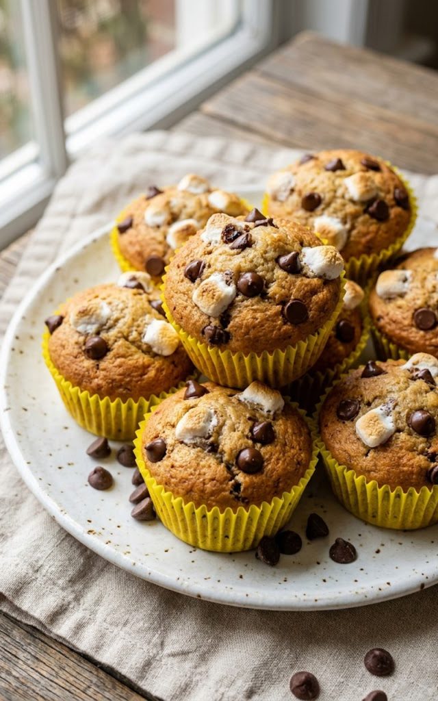 A batch of freshly baked banana s'mores muffins in yellow paper liners topped with melted chocolate chips and toasted mini marshmallows on a white plate