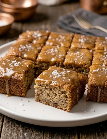 Moist banana bread brownies topped with a shiny brown butter glaze and a sprinkle of coarse sea salt cut into squares and arranged on a white plate