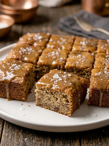 Moist banana bread brownies topped with a shiny brown butter glaze and a sprinkle of coarse sea salt cut into squares and arranged on a white plate