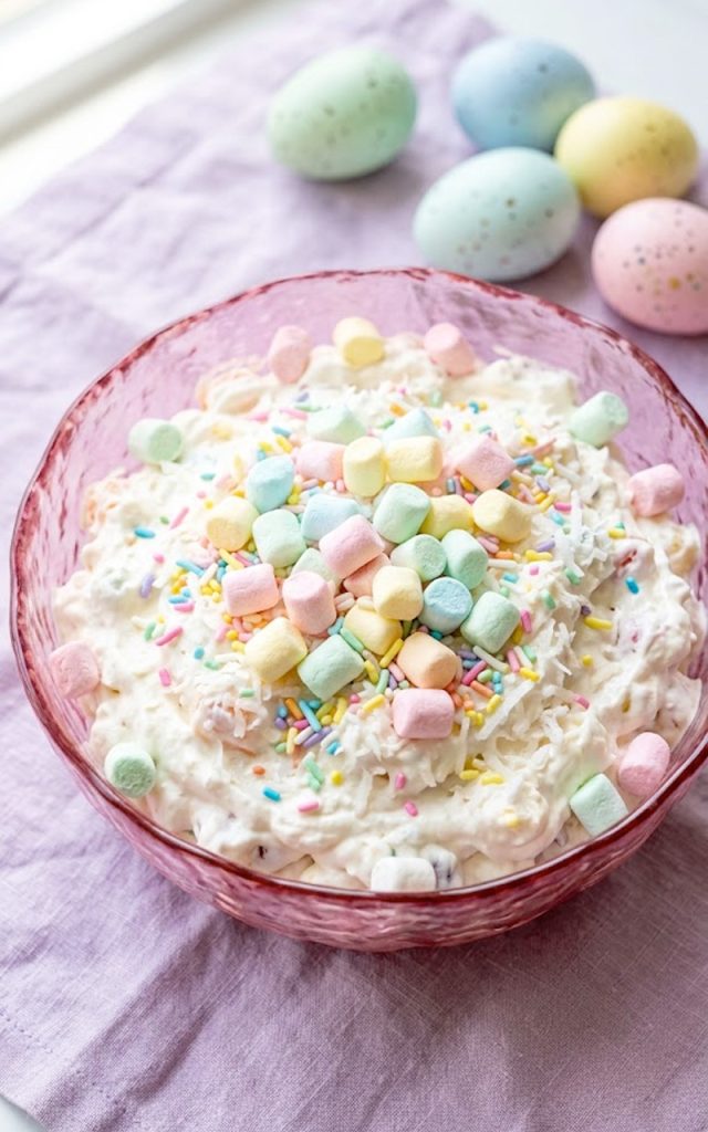 A top-down view of a creamy Easter fluff salad loaded with colorful pastel mini marshmallows and Easter sprinkles served in a pink glass bowl on a lavender linen with speckled Easter eggs in the background