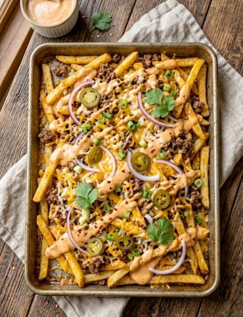 A tray of loaded smash burger fries topped with juicy ground beef crumbles, melted cheese, pickled jalapeños, and creamy burger sauce