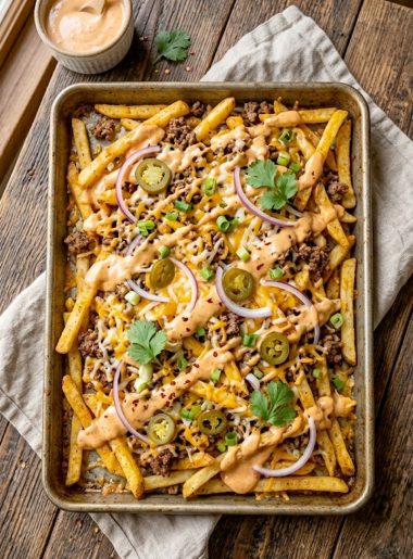 A tray of loaded smash burger fries topped with juicy ground beef crumbles, melted cheese, pickled jalapeños, and creamy burger sauce
