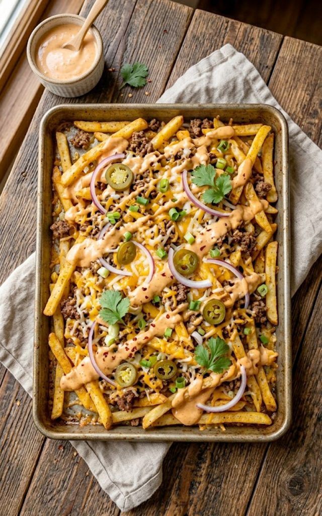 A tray of loaded smash burger fries topped with juicy ground beef crumbles, melted cheese, pickled jalapeños, and creamy burger sauce