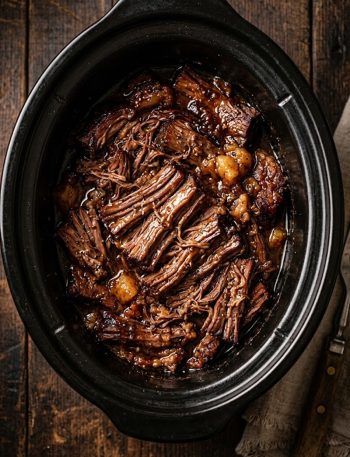 Fall apart tender slow cooker beef brisket glistening with rich smoky BBQ braising sauce pulled into thick juicy strands in a dark slow cooker on a rustic wooden surface