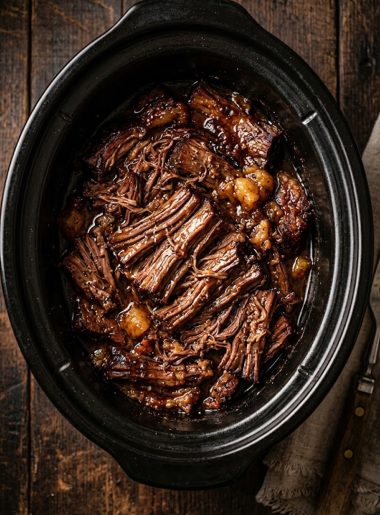 Fall apart tender slow cooker beef brisket glistening with rich smoky BBQ braising sauce pulled into thick juicy strands in a dark slow cooker on a rustic wooden surface