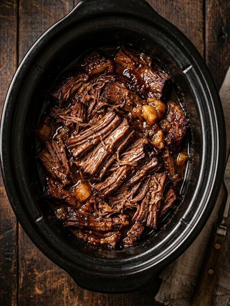 Fall apart tender slow cooker beef brisket glistening with rich smoky BBQ braising sauce pulled into thick juicy strands in a dark slow cooker on a rustic wooden surface