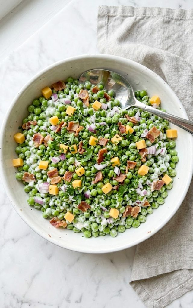 A top-down view of a vibrant spring pea salad packed with sweet green peas, crumbled crispy bacon, diced sharp cheddar cheese, finely diced red onion, and fresh herbs all coated in a creamy tangy dressing in a large white bowl on a white marble surface