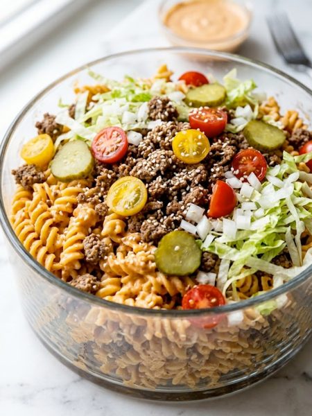 A large glass bowl of Big Mac pasta salad loaded with rotini pasta ground beef cherry tomatoes pickles lettuce and sesame seeds with creamy Big Mac sauce