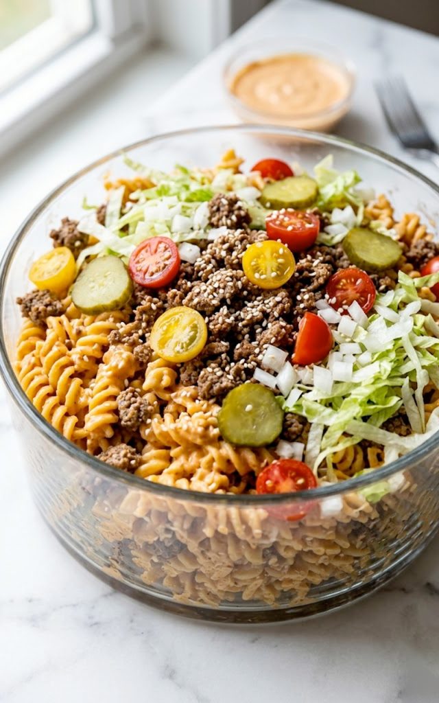 A large glass bowl of Big Mac pasta salad loaded with rotini pasta ground beef cherry tomatoes pickles lettuce and sesame seeds with creamy Big Mac sauce