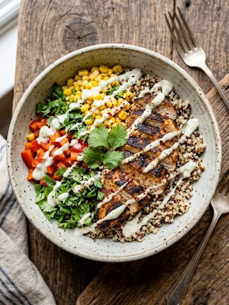 A bowl of blackened chicken quinoa with sweet corn, fresh herbs, and creamy sauce drizzled on top, served in a gray ceramic bowl