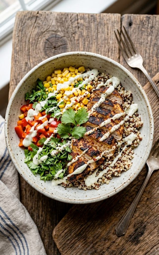 A bowl of blackened chicken quinoa with sweet corn, fresh herbs, and creamy sauce drizzled on top, served in a gray ceramic bowl