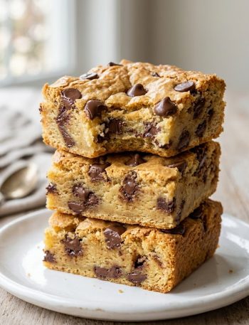 Three thick chewy blondie brownies stacked on a white plate loaded with melty chocolate chips throughout showing a dense golden fudgy interior