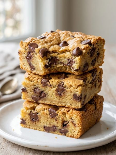 Three thick chewy blondie brownies stacked on a white plate loaded with melty chocolate chips throughout showing a dense golden fudgy interior