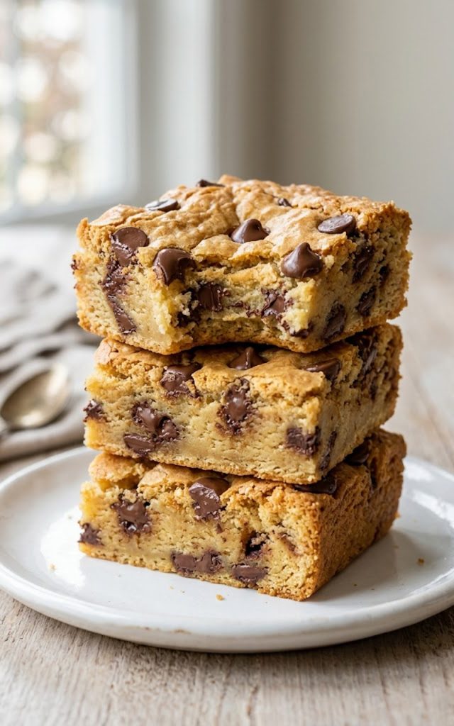 Three thick chewy blondie brownies stacked on a white plate loaded with melty chocolate chips throughout showing a dense golden fudgy interior