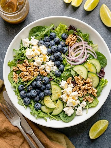 Overhead view of a blueberry Easter salad with crumbled feta, walnuts, cucumber, and mixed greens in a wide white bowl drizzled with honey lemon vinaigrette