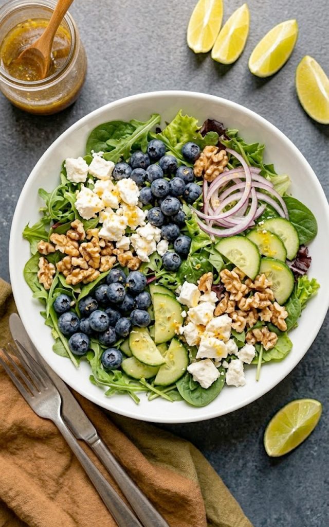 Overhead view of a blueberry Easter salad with crumbled feta, walnuts, cucumber, and mixed greens in a wide white bowl drizzled with honey lemon vinaigrette