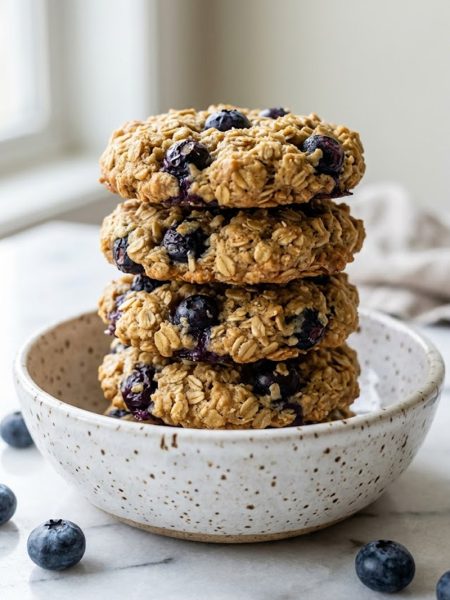 A stack of five golden chewy blueberry oatmeal cookies with visible oats and juicy blueberries in a white speckled ceramic bowl