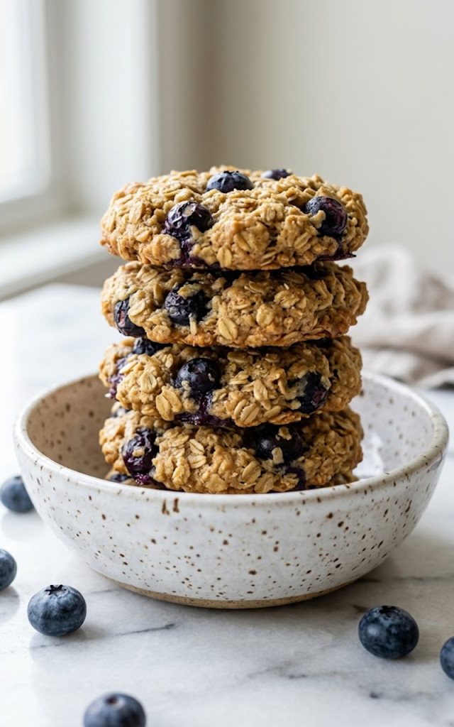 A stack of five golden chewy blueberry oatmeal cookies with visible oats and juicy blueberries in a white speckled ceramic bowl