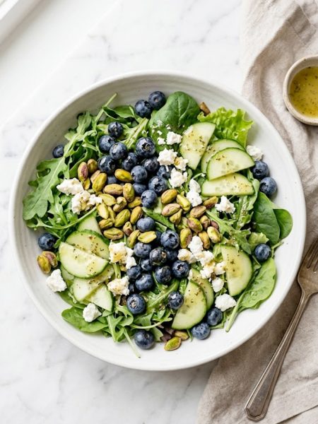 A vibrant blueberry pistachio spring salad with goat cheese, cucumber, and fresh greens in a white bowl