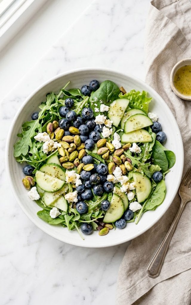 A vibrant blueberry pistachio spring salad with goat cheese, cucumber, and fresh greens in a white bowl