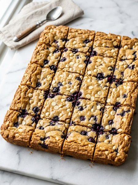A close-up overhead view of golden blueberry white chocolate blondies cut into squares showing jammy blueberry pockets and white chocolate chips throughout the crackly golden surface