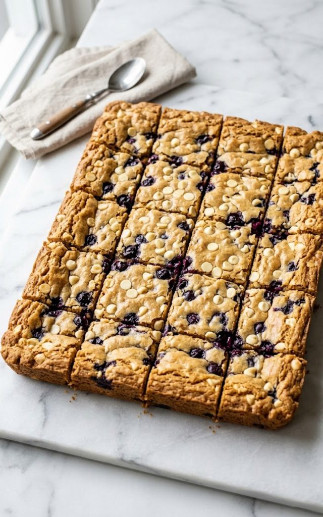 A close-up overhead view of golden blueberry white chocolate blondies cut into squares showing jammy blueberry pockets and white chocolate chips throughout the crackly golden surface