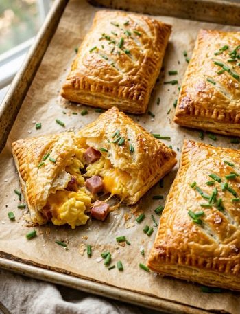 Homemade breakfast hot pocket sliced in half showing layers of fluffy eggs ham and melted cheddar inside golden flaky pastry