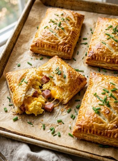 Homemade breakfast hot pocket sliced in half showing layers of fluffy eggs ham and melted cheddar inside golden flaky pastry