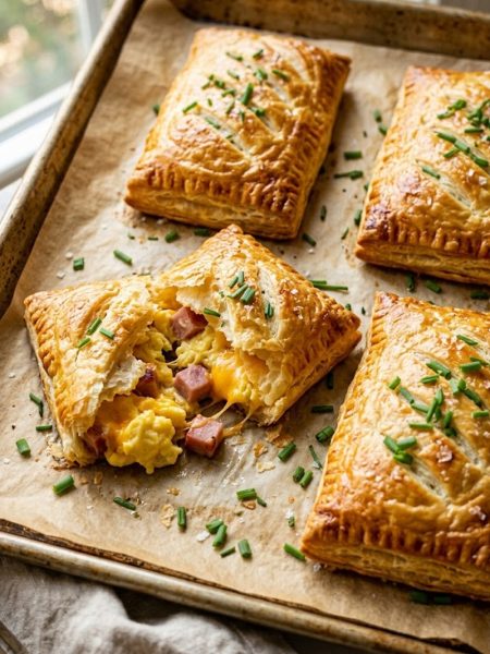 Homemade breakfast hot pocket sliced in half showing layers of fluffy eggs ham and melted cheddar inside golden flaky pastry