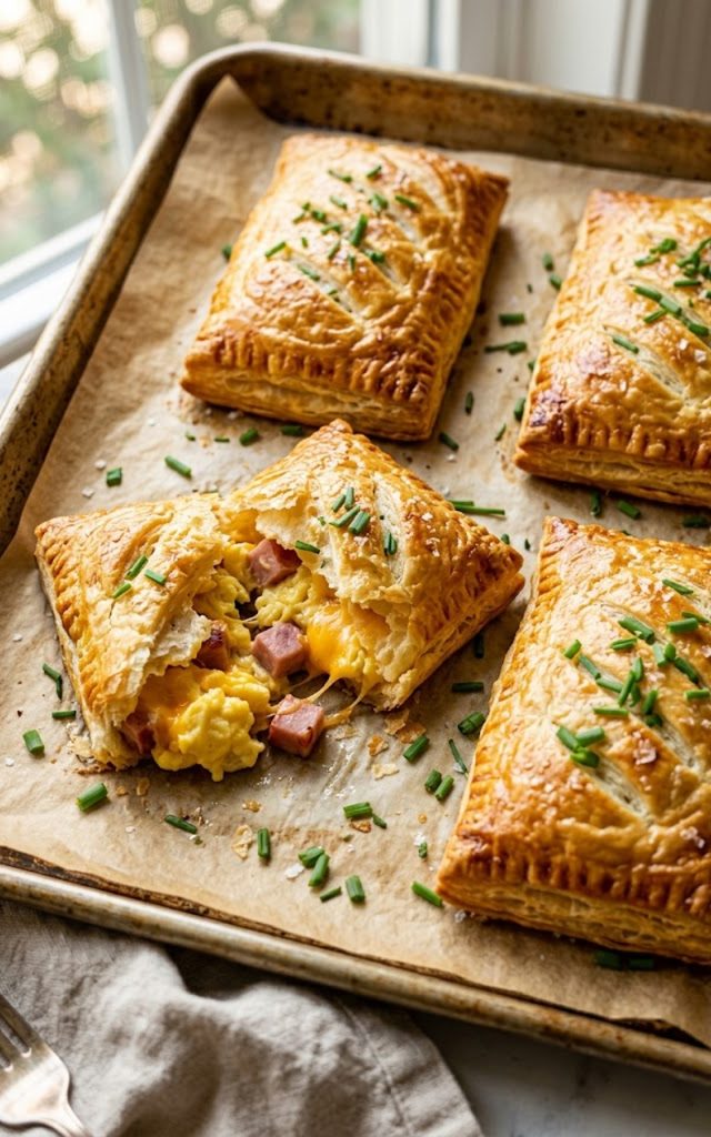 Homemade breakfast hot pocket sliced in half showing layers of fluffy eggs ham and melted cheddar inside golden flaky pastry