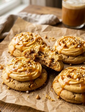 Several thick soft butterbeer cookies topped with creamy butterscotch buttercream frosting a glossy caramel drizzle and gold and white pearl sprinkles arranged on brown parchment paper