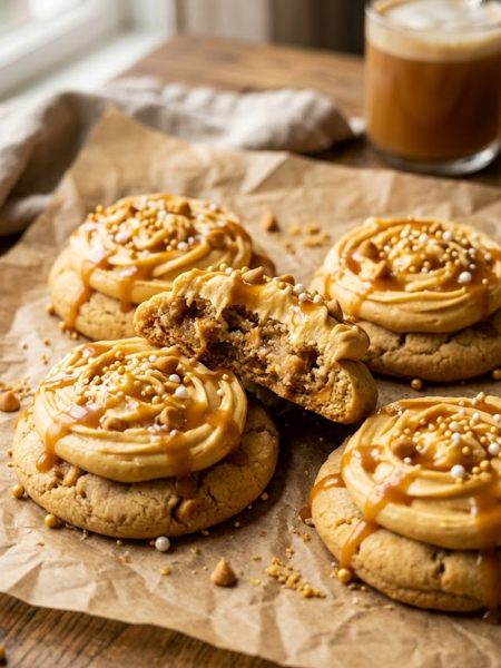 Several thick soft butterbeer cookies topped with creamy butterscotch buttercream frosting a glossy caramel drizzle and gold and white pearl sprinkles arranged on brown parchment paper