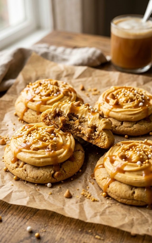 Several thick soft butterbeer cookies topped with creamy butterscotch buttercream frosting a glossy caramel drizzle and gold and white pearl sprinkles arranged on brown parchment paper