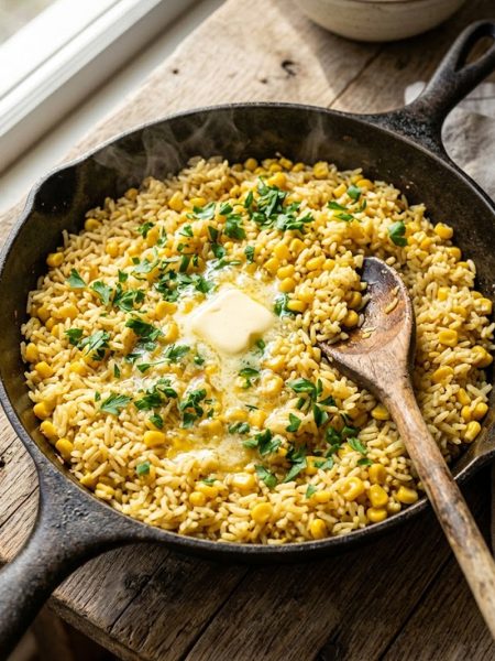 A large skillet filled with fluffy buttered corn rice topped with a pat of melting butter fresh parsley and a wooden spoon resting in the pan