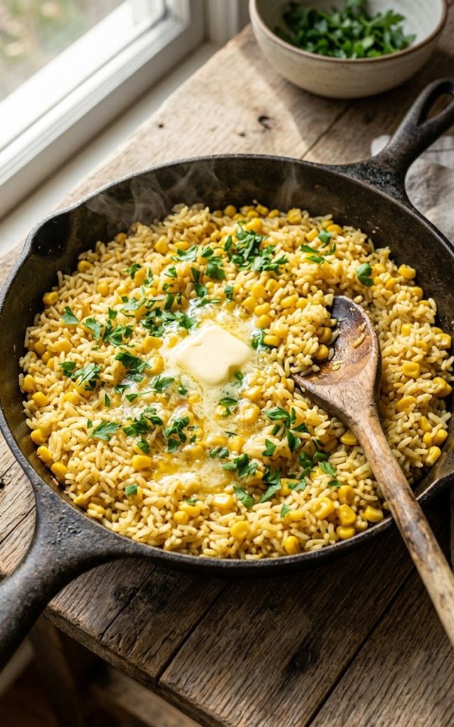 A large skillet filled with fluffy buttered corn rice topped with a pat of melting butter fresh parsley and a wooden spoon resting in the pan
