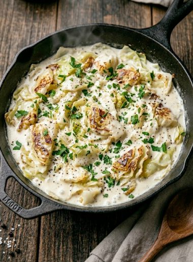 A close-up overhead shot of creamy cabbage Alfredo in a large black skillet with tender cabbage leaves coated in a rich white Alfredo sauce garnished with fresh parsley and cracked black pepper