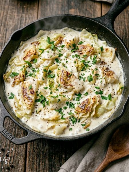 A close-up overhead shot of creamy cabbage Alfredo in a large black skillet with tender cabbage leaves coated in a rich white Alfredo sauce garnished with fresh parsley and cracked black pepper
